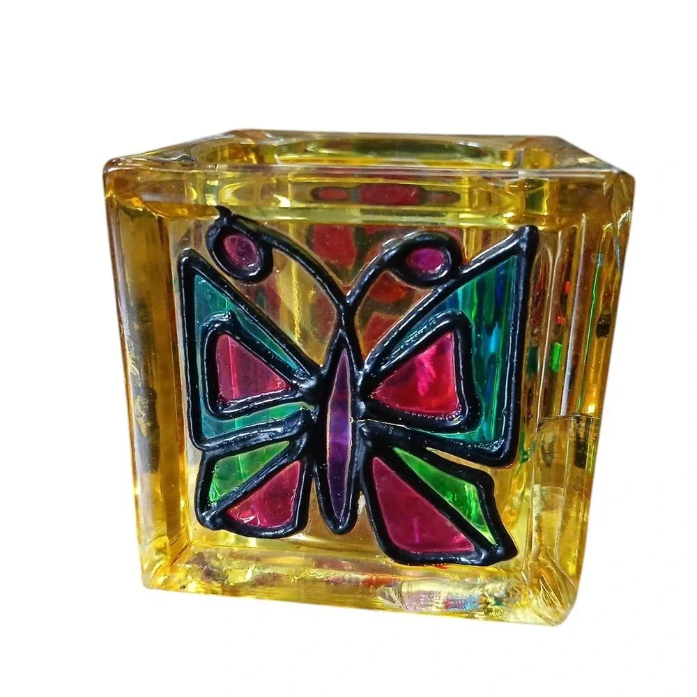 Vtg Stained Glass Handmade Studio Art Candle Holder Ladybug Butterfly 3